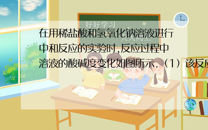 在用稀盐酸和氢氧化钠溶液进行中和反应的实验时,反应过程中溶液的酸碱度变化如图所示.（1）该反应的化学方程式为：.（2）该实验操作是将 滴加到 另一种溶液中.（3）当加入溶液的质量