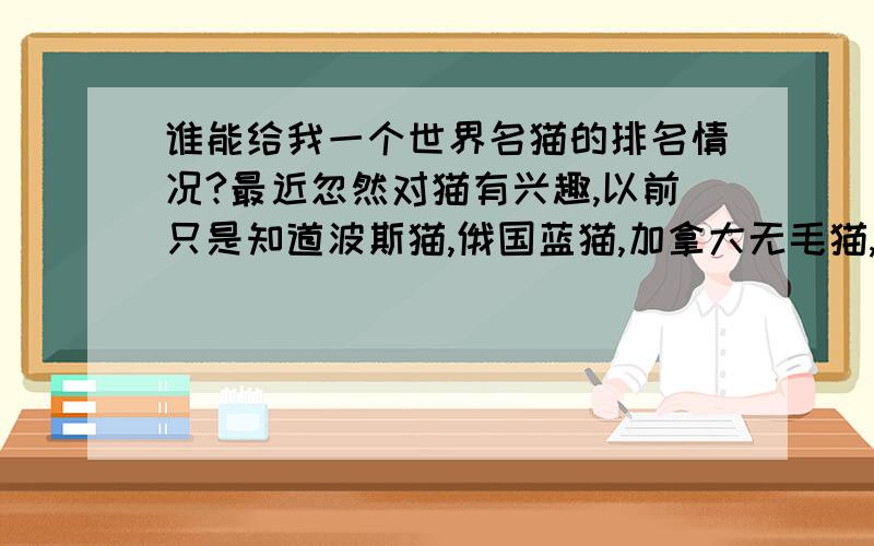 谁能给我一个世界名猫的排名情况?最近忽然对猫有兴趣,以前只是知道波斯猫,俄国蓝猫,加拿大无毛猫,伯曼猫之类的,想更多的了解一些享誉国际的名猫信息,