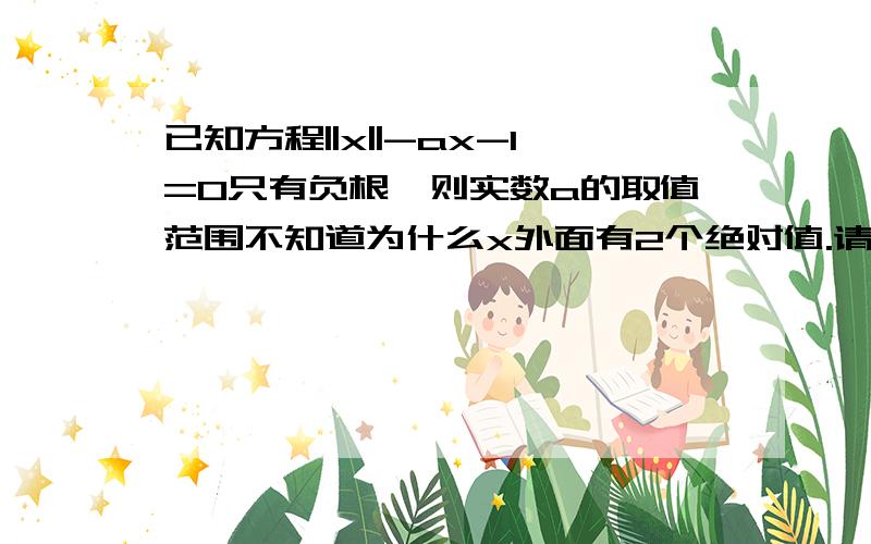 已知方程||x||-ax-1=0只有负根,则实数a的取值范围不知道为什么x外面有2个绝对值.请解答下,谢谢