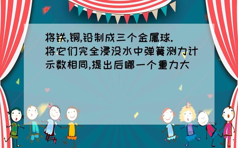 将铁,铜,铅制成三个金属球.将它们完全浸没水中弹簧测力计示数相同,提出后哪一个重力大