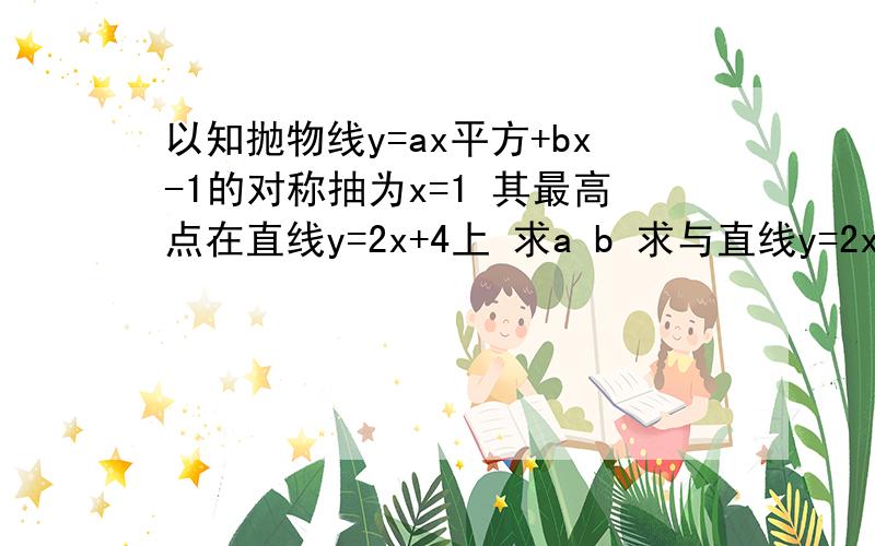 以知抛物线y=ax平方+bx-1的对称抽为x=1 其最高点在直线y=2x+4上 求a b 求与直线y=2x+4的交点坐标