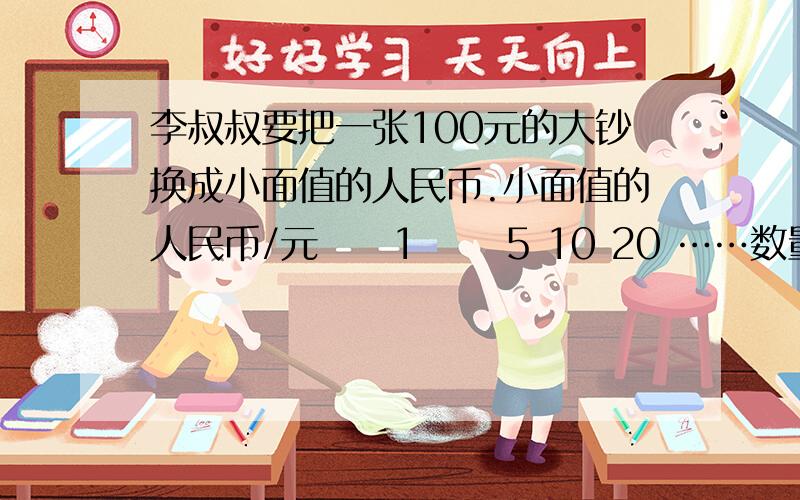 李叔叔要把一张100元的大钞换成小面值的人民币.小面值的人民币/元　　1　　 5 10 20 ……数量/张　　　　　　100　　20 10 5 ……(1)写出几组兑换的面值和兑换张数的乘积,然后比较它们的大小