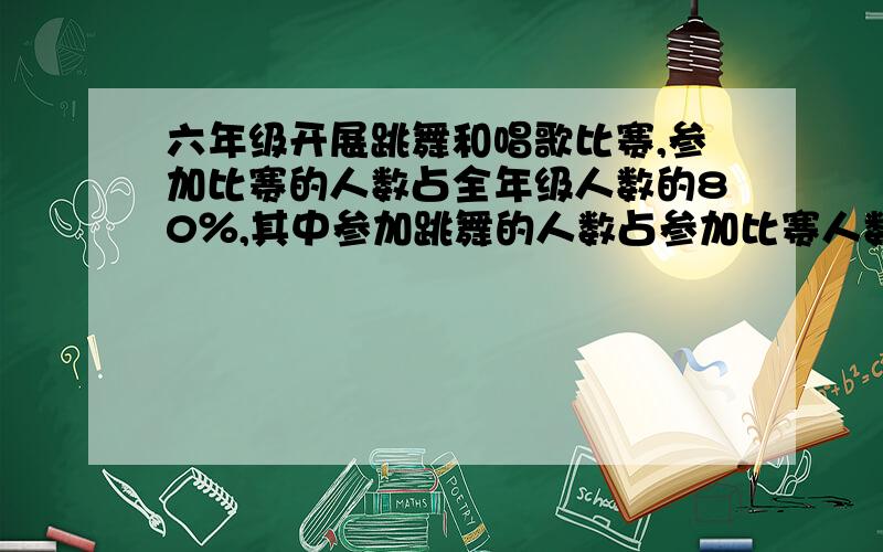 六年级开展跳舞和唱歌比赛,参加比赛的人数占全年级人数的80％,其中参加跳舞的人数占参加比赛人数的30％,唱歌的人数占参加比赛人数的4／5,两种比赛的参加的有24人,