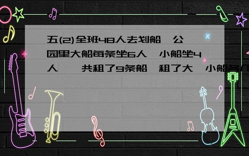 五(2)全班48人去划船,公园里大船每条坐6人,小船坐4人,一共租了9条船,租了大,小船各几条~快