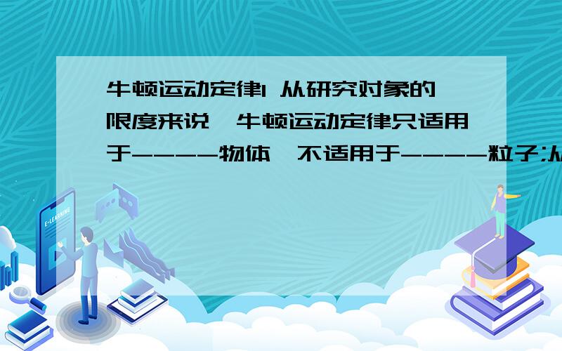 牛顿运动定律1 从研究对象的限度来说,牛顿运动定律只适用于----物体,不适用于----粒子;从运动速度的角度来说,牛顿运用定律只适用----运动的物体,不适用于----运动的物体.2 已知汽车轮胎和