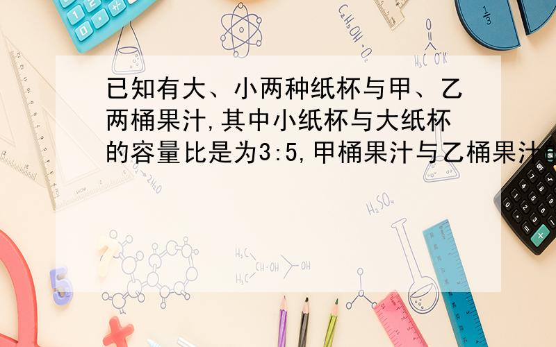 已知有大、小两种纸杯与甲、乙两桶果汁,其中小纸杯与大纸杯的容量比是为3:5,甲桶果汁与乙桶果汁的体积比为3：4,若甲桶内的果汁刚好装满120个小纸杯,则乙桶内的果汁最多可装满（）个大