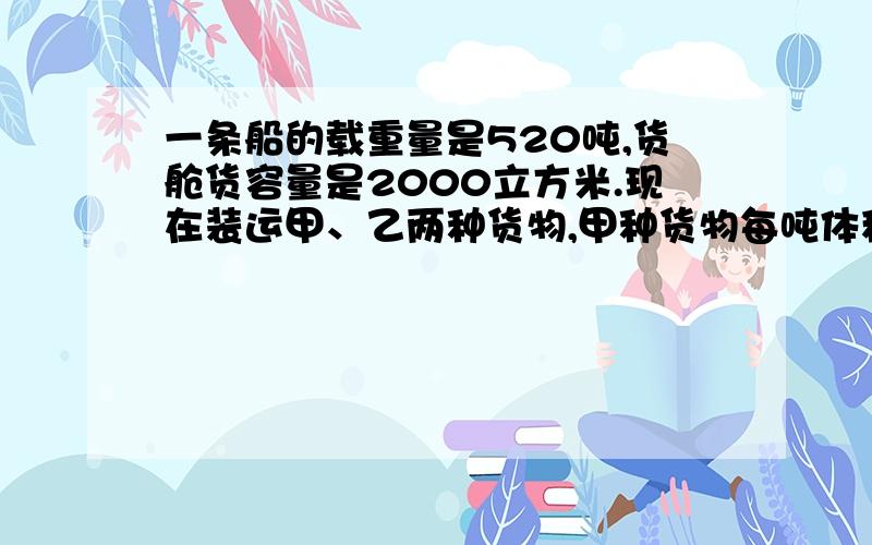 一条船的载重量是520吨,货舱货容量是2000立方米.现在装运甲、乙两种货物,甲种货物每吨体积是2立方米,乙种货物每吨体积是8立方米,请你测算一下,这两种货物各装多少吨,才能最大限度利用这