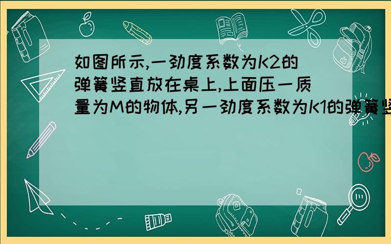 如图所示,一劲度系数为K2的弹簧竖直放在桌上,上面压一质量为M的物体,另一劲度系数为K1的弹簧竖直放在物体上面,其下端与物体的上表面连接在一起.两个弹簧的质量都不计.要想是静止时下