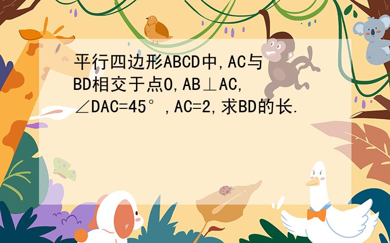 平行四边形ABCD中,AC与BD相交于点O,AB⊥AC,∠DAC=45°,AC=2,求BD的长.