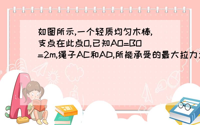 如图所示,一个轻质均匀木棒,支点在此点O,已知AO=BO=2m,绳子AC和AD,所能承受的最大拉力为200N和250N.质量为50kg的小华想在木板AB上行走,求：（g取10N/kg）1、小华对木棒的压力是多少?2、小华在木