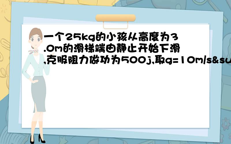 一个25kg的小孩从高度为3.0m的滑梯端由静止开始下滑,克服阻力做功为500j,取g=10m/s²,求合外力大小还有滑到底端时的速度大小