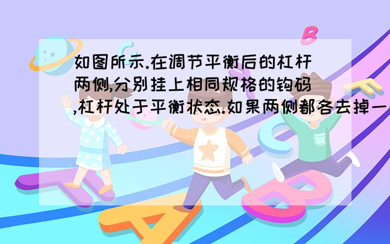 如图所示.在调节平衡后的杠杆两侧,分别挂上相同规格的钩码,杠杆处于平衡状态.如果两侧都各去掉一个钩码,则    A仍然平衡    B右端下降   C左端下降     D无法判断