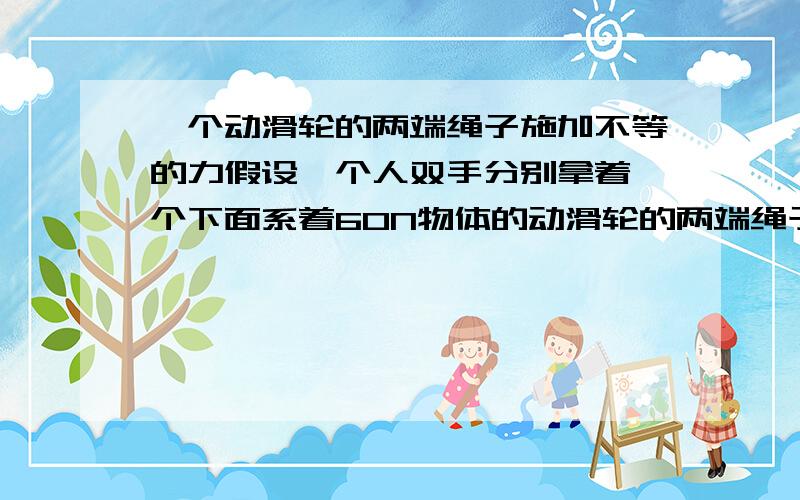 一个动滑轮的两端绳子施加不等的力假设一个人双手分别拿着一个下面系着60N物体的动滑轮的两端绳子 ,手对左边绳子施加竖直向上的力为60N,要使物体静止不动,则手应对右边绳子施加多大的