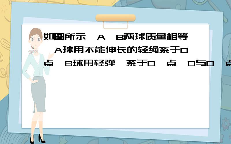 如图所示,A、B两球质量相等,A球用不能伸长的轻绳系于O点,B球用轻弹簧系于O′点,O与O′点在同一水平面上,分别将A、B球拉到与悬点等高处,使绳和轻弹簧均处于水平,弹簧处于自然状态,将两球