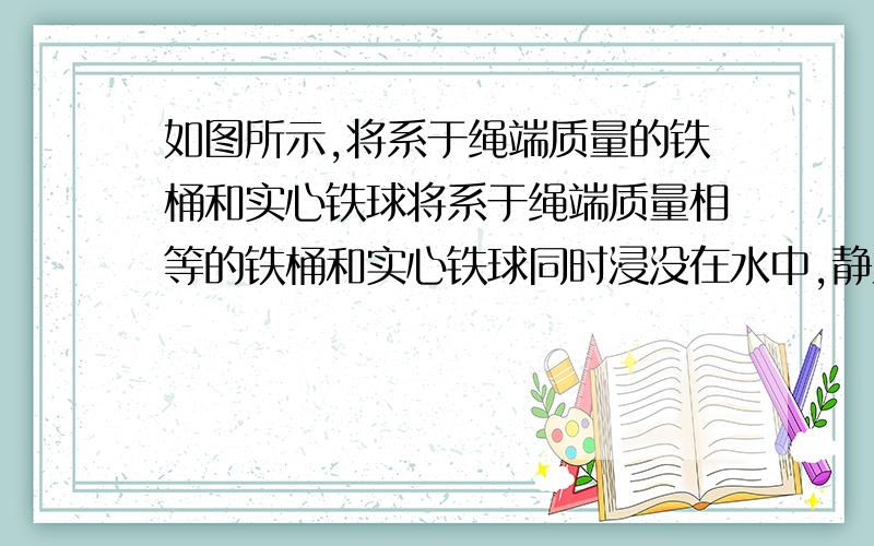 如图所示,将系于绳端质量的铁桶和实心铁球将系于绳端质量相等的铁桶和实心铁球同时浸没在水中,静止在图中所示的位置．则绳子对它们的拉力F1和F2的大小关系是（　　） A.F1＞F2      B.F1