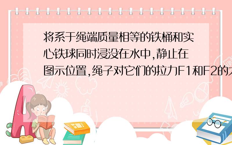 将系于绳端质量相等的铁桶和实心铁球同时浸没在水中,静止在图示位置,绳子对它们的拉力F1和F2的大小关系是：A、F1＞ F2 ; B、F1＝F2; C、F1＜F2; D、无法确定