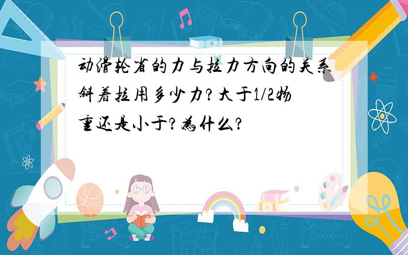 动滑轮省的力与拉力方向的关系斜着拉用多少力?大于1/2物重还是小于?为什么?