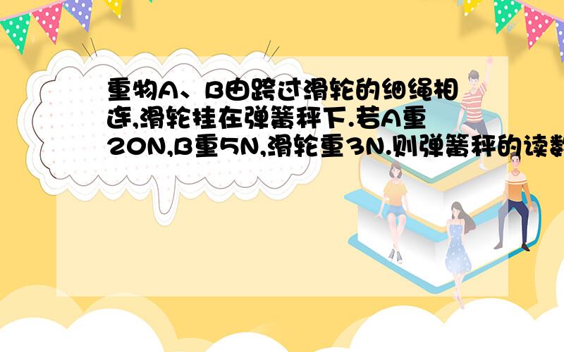 重物A、B由跨过滑轮的细绳相连,滑轮挂在弹簧秤下.若A重20N,B重5N,滑轮重3N.则弹簧秤的读数是（ ）N