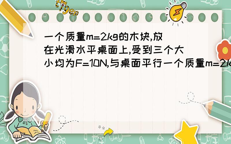 一个质量m=2kg的木块,放在光滑水平桌面上,受到三个大小均为F=10N,与桌面平行一个质量m=2kg的木块,放在光滑水平桌面上,受到三个大小均为F=10N、与桌面平行、互成120°角的拉力作用,则物体的加