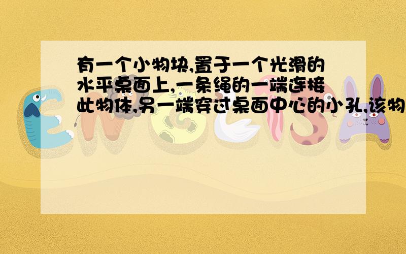 有一个小物块,置于一个光滑的水平桌面上,一条绳的一端连接此物体,另一端穿过桌面中心的小孔,该物体原以角速度w在距孔为R的圆周上转动,今将绳从小孔缓慢往下拉,则物体A动能不变,动量改