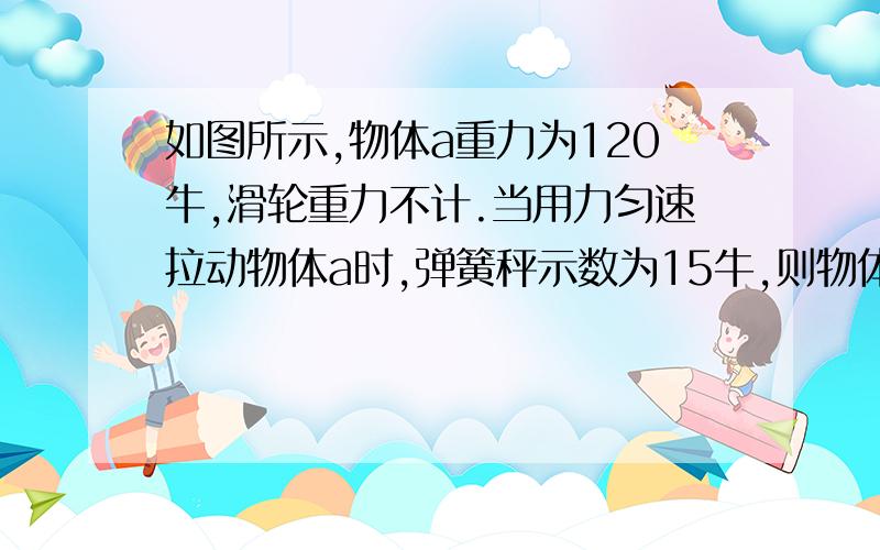 如图所示,物体a重力为120牛,滑轮重力不计.当用力匀速拉动物体a时,弹簧秤示数为15牛,则物体a与地面的摩擦力为（）牛.❤️谢谢各位了!