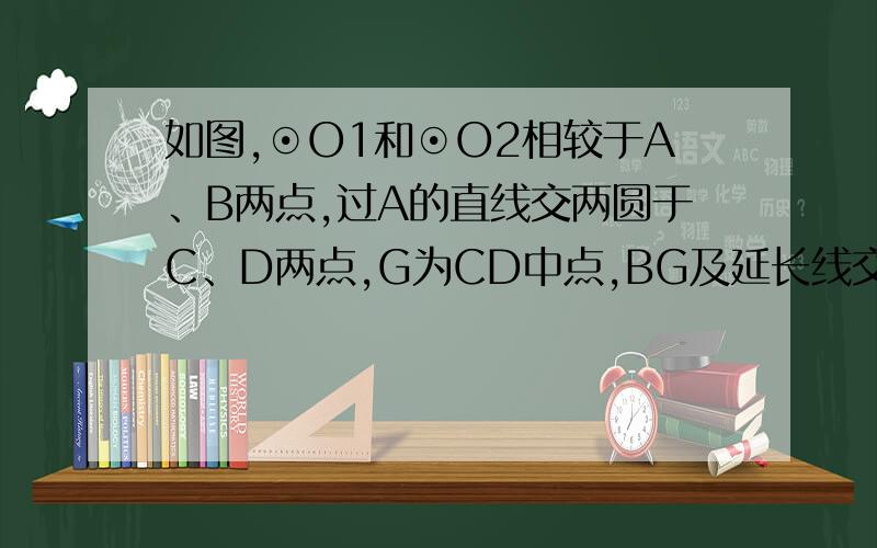 如图,⊙O1和⊙O2相较于A、B两点,过A的直线交两圆于C、D两点,G为CD中点,BG及延长线交⊙O1、⊙O2于E、F两点,连结DF、CE,是说明DF=CE