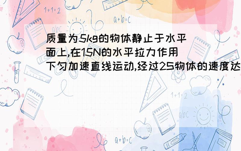 质量为5kg的物体静止于水平面上,在15N的水平拉力作用下匀加速直线运动,经过2S物体的速度达到2m/s,g 取10m/s2求,1 物体的加速度大小2物体与水平面间的动摩擦因素急