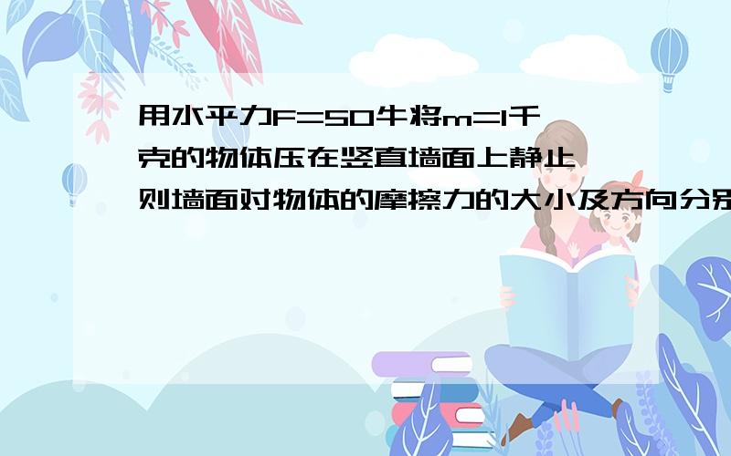 用水平力F=50牛将m=1千克的物体压在竖直墙面上静止,则墙面对物体的摩擦力的大小及方向分别是?