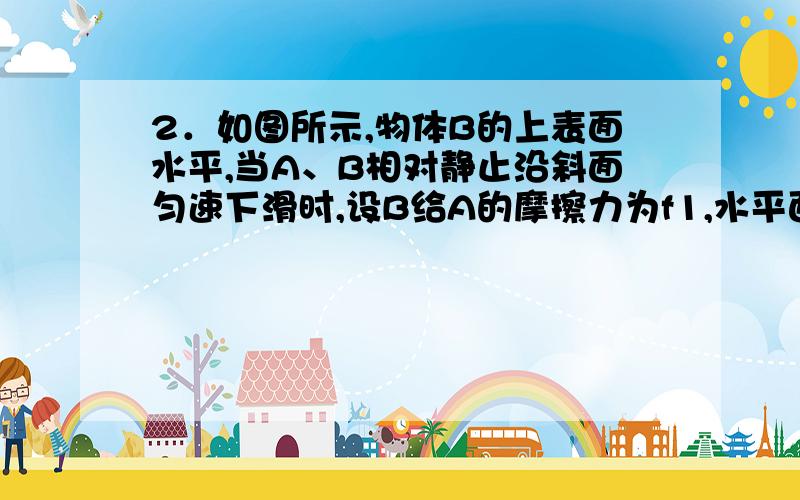 2．如图所示,物体B的上表面水平,当A、B相对静止沿斜面匀速下滑时,设B给A的摩擦力为f1,水平面给斜面体C2．如图所示，物体B的上表面水平，当A、B相对静止沿斜面匀速下滑时，设B给A的摩擦力