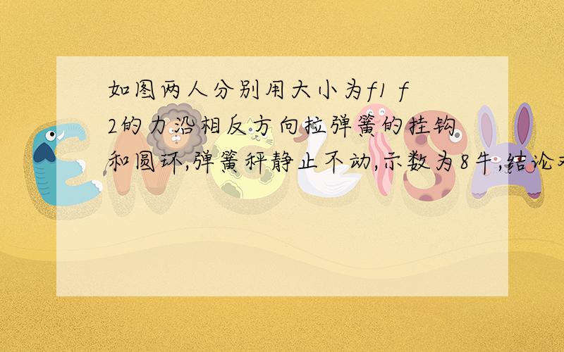 如图两人分别用大小为f1 f2的力沿相反方向拉弹簧的挂钩和圆环,弹簧秤静止不动,示数为8牛,结论对的是a f1=f2=8牛b f1=f2=4牛c f1=f2=16牛d f1=8牛,f2=0