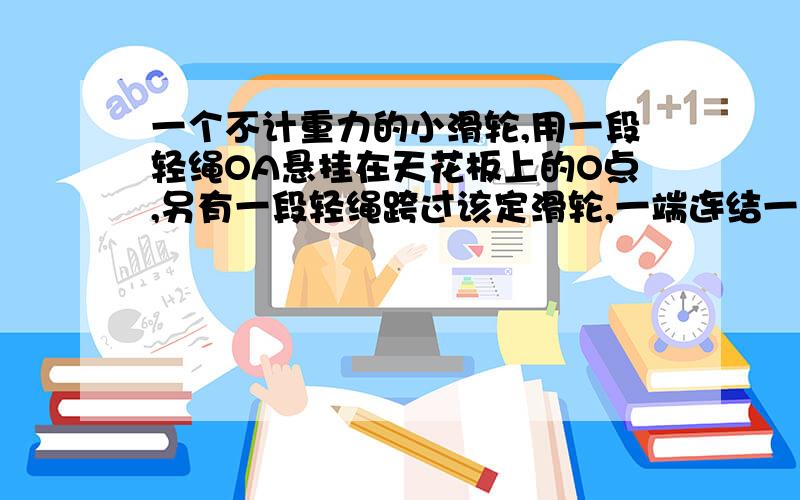 一个不计重力的小滑轮,用一段轻绳OA悬挂在天花板上的O点,另有一段轻绳跨过该定滑轮,一端连结一个重为20（1）轻绳OA对滑轮的拉力为多大?（2）轻绳OA与竖直方向的夹角α为多大?我不解为什