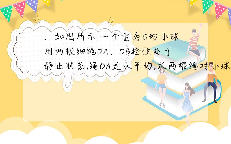 ．如图所示,一个重为G的小球用两根细绳OA、OB拴住处于静止状态,绳OA是水平的,求两根绳对小球的拉力．