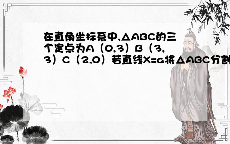 在直角坐标系中,△ABC的三个定点为A（0,3）B（3,3）C（2,0）若直线X=a将△ABC分割成面积相等的两部分,求实数a的值