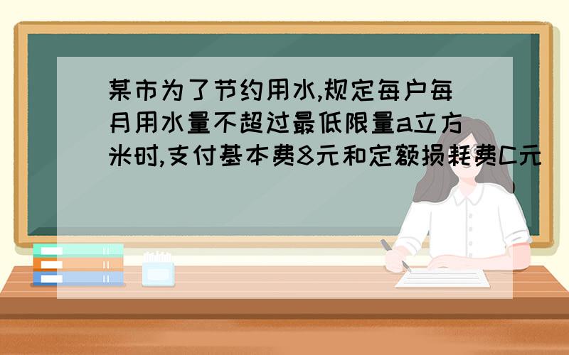 某市为了节约用水,规定每户每月用水量不超过最低限量a立方米时,支付基本费8元和定额损耗费C元（C小于等于5）若用水量超过A立方米时,除了付同上的基本费和损耗费外,超过部分煤1立方米