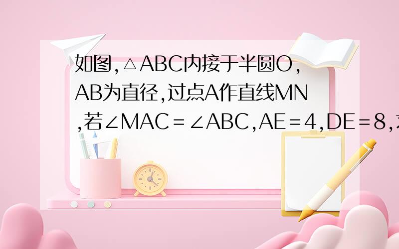 如图,△ABC内接于半圆O,AB为直径,过点A作直线MN,若∠MAC＝∠ABC,AE＝4,DE＝8,求EF