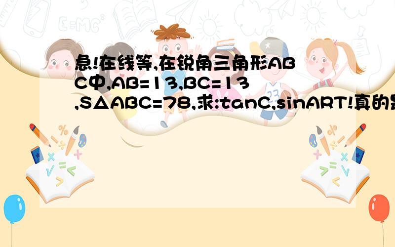 急!在线等,在锐角三角形ABC中,AB=13,BC=13,S△ABC=78,求:tanC,sinART!真的是十万火急啊!拜托各位了!