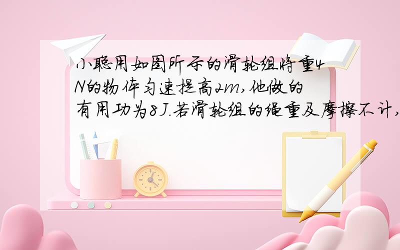 小聪用如图所示的滑轮组将重4N的物体匀速提高2m,他做的有用功为8J．若滑轮组的绳重及摩擦不计,他用这个滑轮组匀速提升9N的物体时,机械效率比提升4N物体时提高了10%,此时的拉力为5N　（已