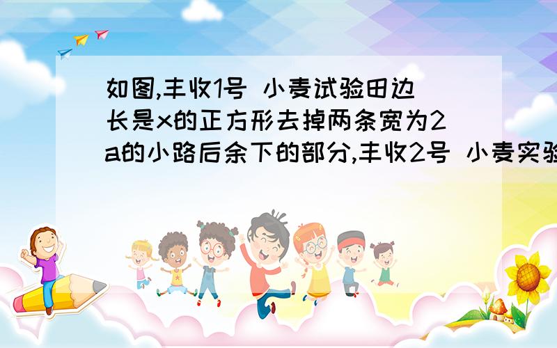 如图,丰收1号 小麦试验田边长是x的正方形去掉两条宽为2a的小路后余下的部分,丰收2号 小麦实验田是边长为x米的正方形去掉四块边长均为a米的小正方形后余下的部分,两块试验田的小麦都收