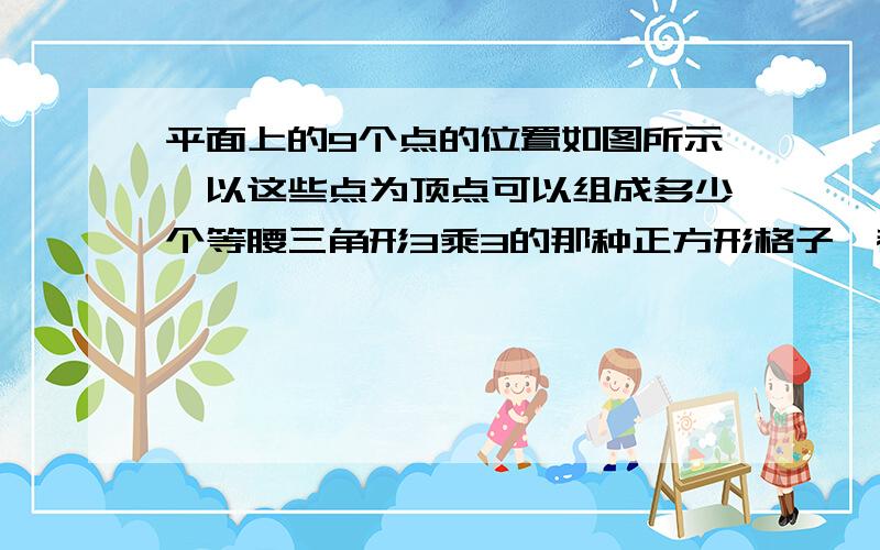 平面上的9个点的位置如图所示,以这些点为顶点可以组成多少个等腰三角形3乘3的那种正方形格子,都可以组成哪些三角形答案为36个，都有什么样的