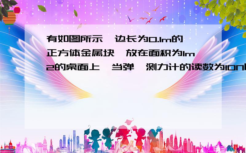 有如图所示,边长为0.1m的正方体金属块,放在面积为1m2的桌面上,当弹簧测力计的读数为10N时,金属块对桌面的压强为4×103Pa,则金属块的密度为 A.5×103kg/m3 B.4×103kg/m3 C.3×103kg/m3 D.2×103kg/m3