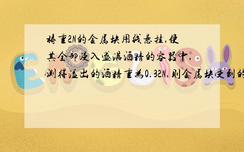 将重2N的金属块用线悬挂,使其全部浸入盛满酒精的容器中,测得溢出的酒精重为0.32N,则金属块受到的浮力为多少N?金属块在酒精中受到的重力为多少N?