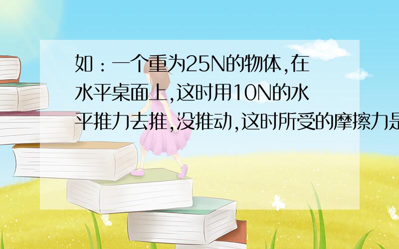 如：一个重为25N的物体,在水平桌面上,这时用10N的水平推力去推,没推动,这时所受的摩擦力是多少N?然后用20N的力去推,这时所受的摩擦力是多少?之后不推了,物体所受的摩擦力是多少?这个问题