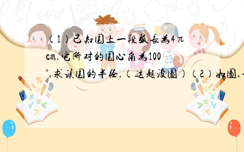 （1）已知圆上一段弧长为4πcm.它所对的圆心角为100°,求该圆的半径.（这题没图）（2）如图,一个半径为5cm的定滑轮带动重物上升了10cm,假设绳索与滑轮之间没有滑动,则滑轮上某一点P旋转了