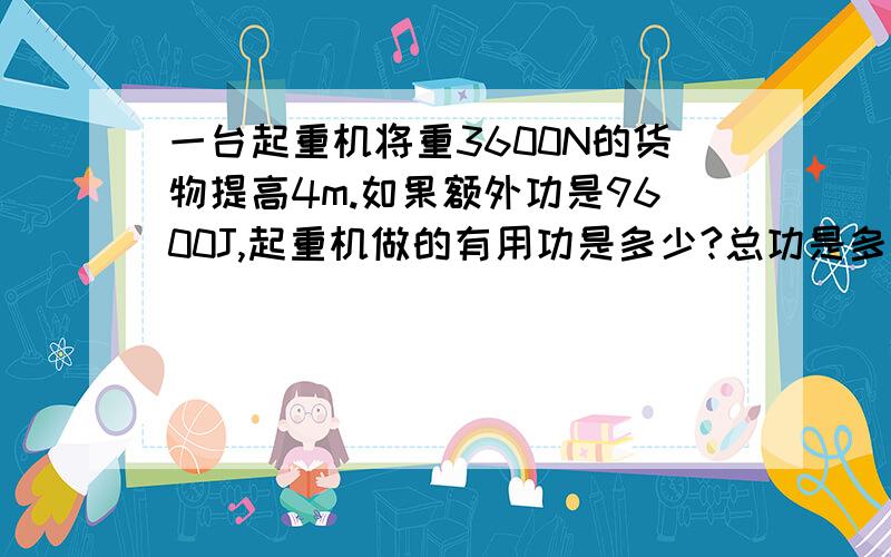 一台起重机将重3600N的货物提高4m.如果额外功是9600J,起重机做的有用功是多少?总功是多少?机械效率是