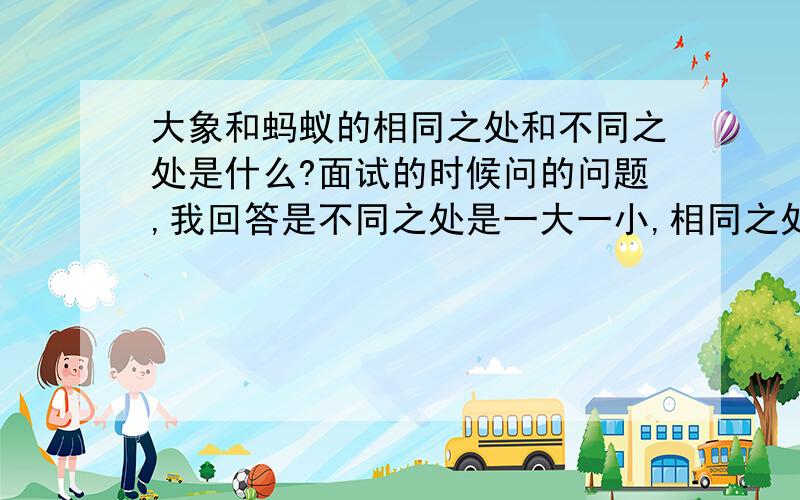 大象和蚂蚁的相同之处和不同之处是什么?面试的时候问的问题,我回答是不同之处是一大一小,相同之处是都是用四只脚走路哈哈,我自己都觉得搞笑