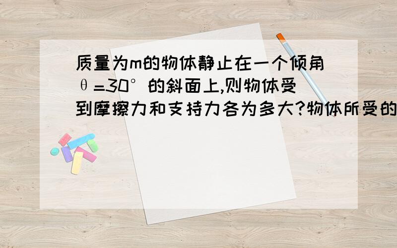 质量为m的物体静止在一个倾角θ=30°的斜面上,则物体受到摩擦力和支持力各为多大?物体所受的合外力又为