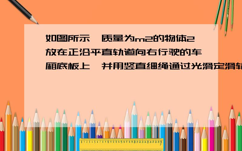 如图所示,质量为m2的物体2放在正沿平直轨道向右行驶的车厢底板上,并用竖直细绳通过光滑定滑轮链接质量为m1的物体,与物体1相连接的绳与竖直方向成θ角,则（    ）A．车厢的加速度为gsinθ