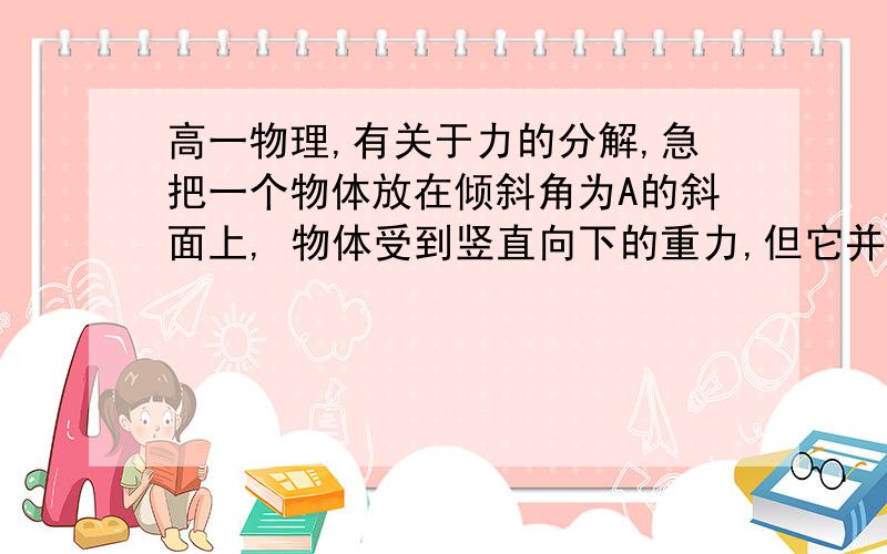 高一物理,有关于力的分解,急把一个物体放在倾斜角为A的斜面上, 物体受到竖直向下的重力,但它并不能竖直下落.从力的作用效果看,应该怎样将重力分解?两个分力的大小与斜面的倾斜角有什