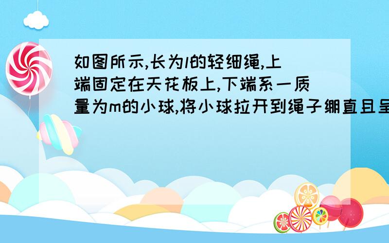 如图所示,长为l的轻细绳,上端固定在天花板上,下端系一质量为m的小球,将小球拉开到绳子绷直且呈水平的A点,无初速度释放小球,不计空气阻力.求:(1) 小球落至最低点B时的速度大小; (2) 小球落