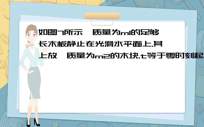 如图7所示,质量为m1的足够长木板静止在光滑水平面上.其上放一质量为m2的木块.t等于零时刻起给木块施加一水平恒力f.分别用a1、a2和v1、v2表示木块,木板的加速度和速度大小.下列四个图中可